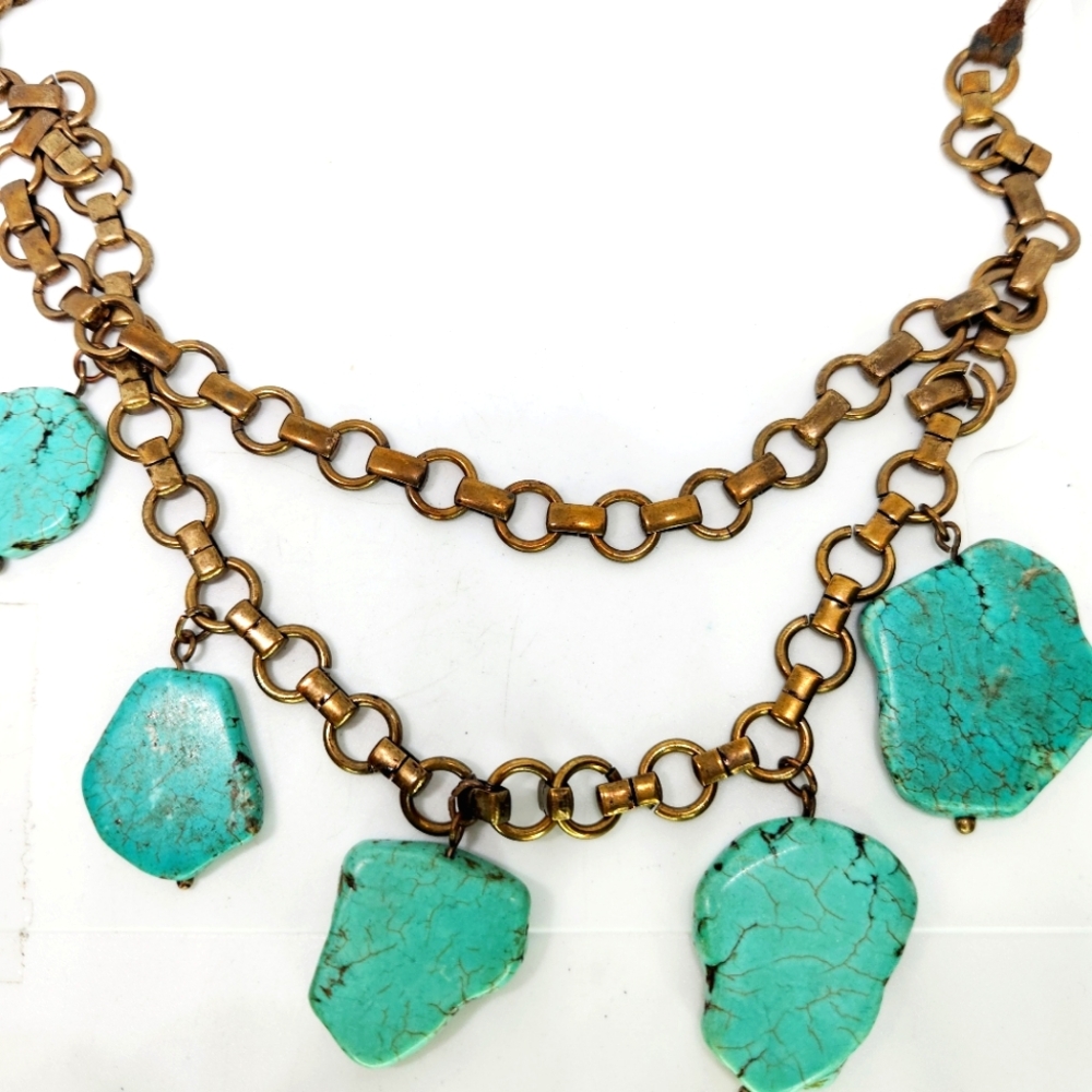 Chunky Turquoise Dyed Howlite Stone Nugget Charm Gold Tone Southwest Necklace